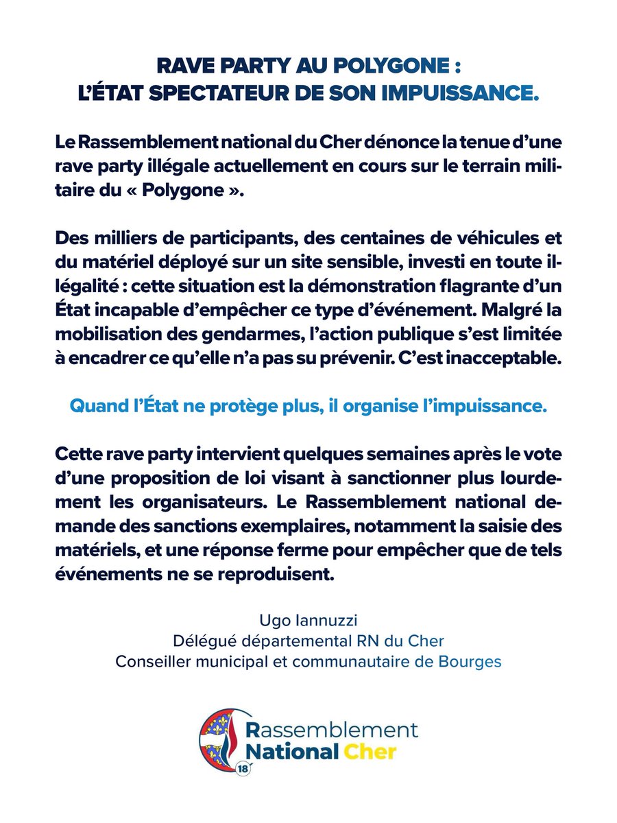 ✍️ Rave party sur un terrain militaire près de Bourges, l’état spectateur de son impuissance.

Mon communiqué ⤵️