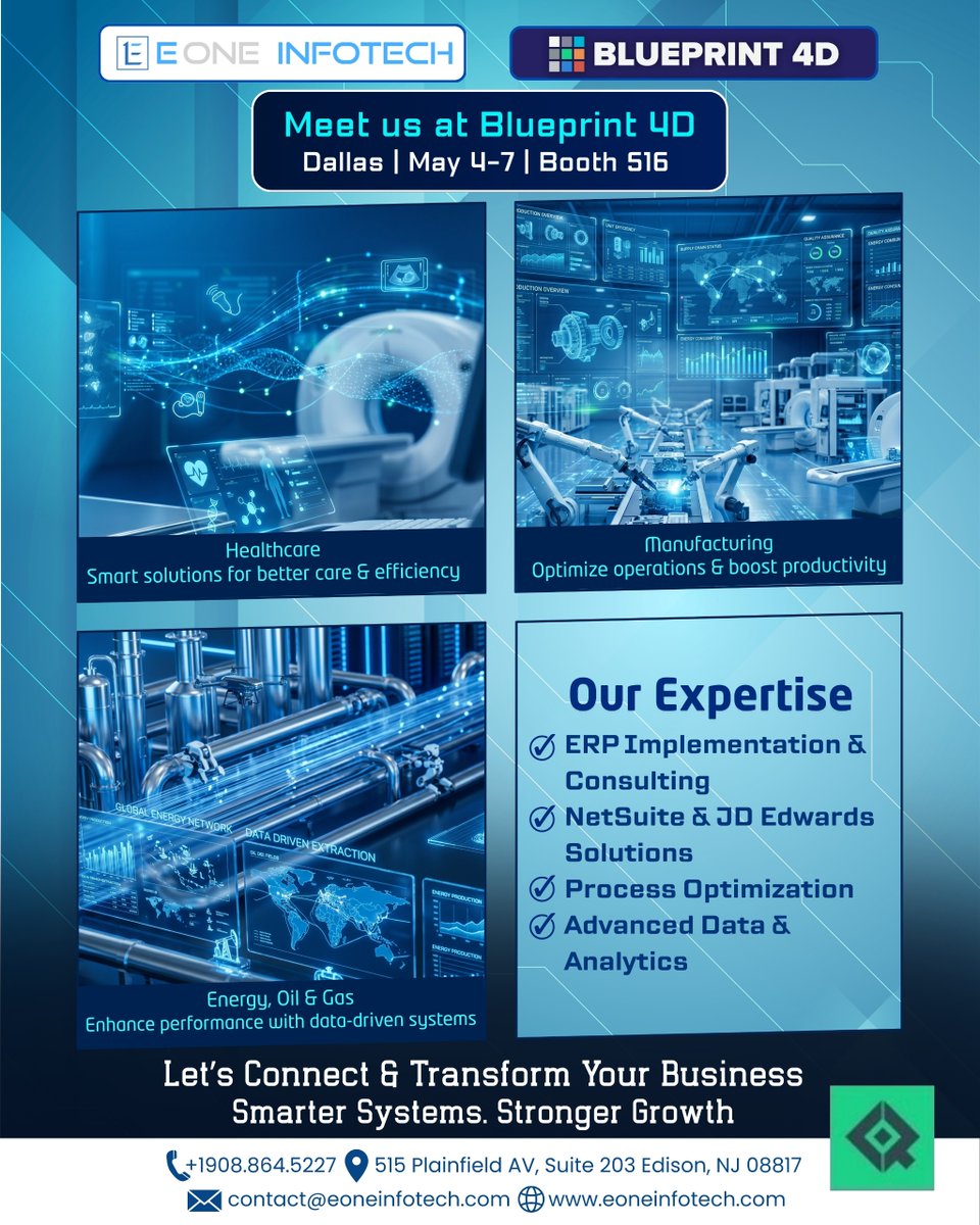 EOneInfotech's tweet photo. Meet eOne Infotech at BLUEPRINT 4D 🚀
📍 Dallas, TX | 📅 May 4–7, 2026 | 📌 Booth #516
Let’s connect &amp; explore new opportunities 💼
#Blueprint4D #eOneInfotech #DallasTX #EnterpriseTech #Networking #Innovation https://t.co/IC5v5Vl69f