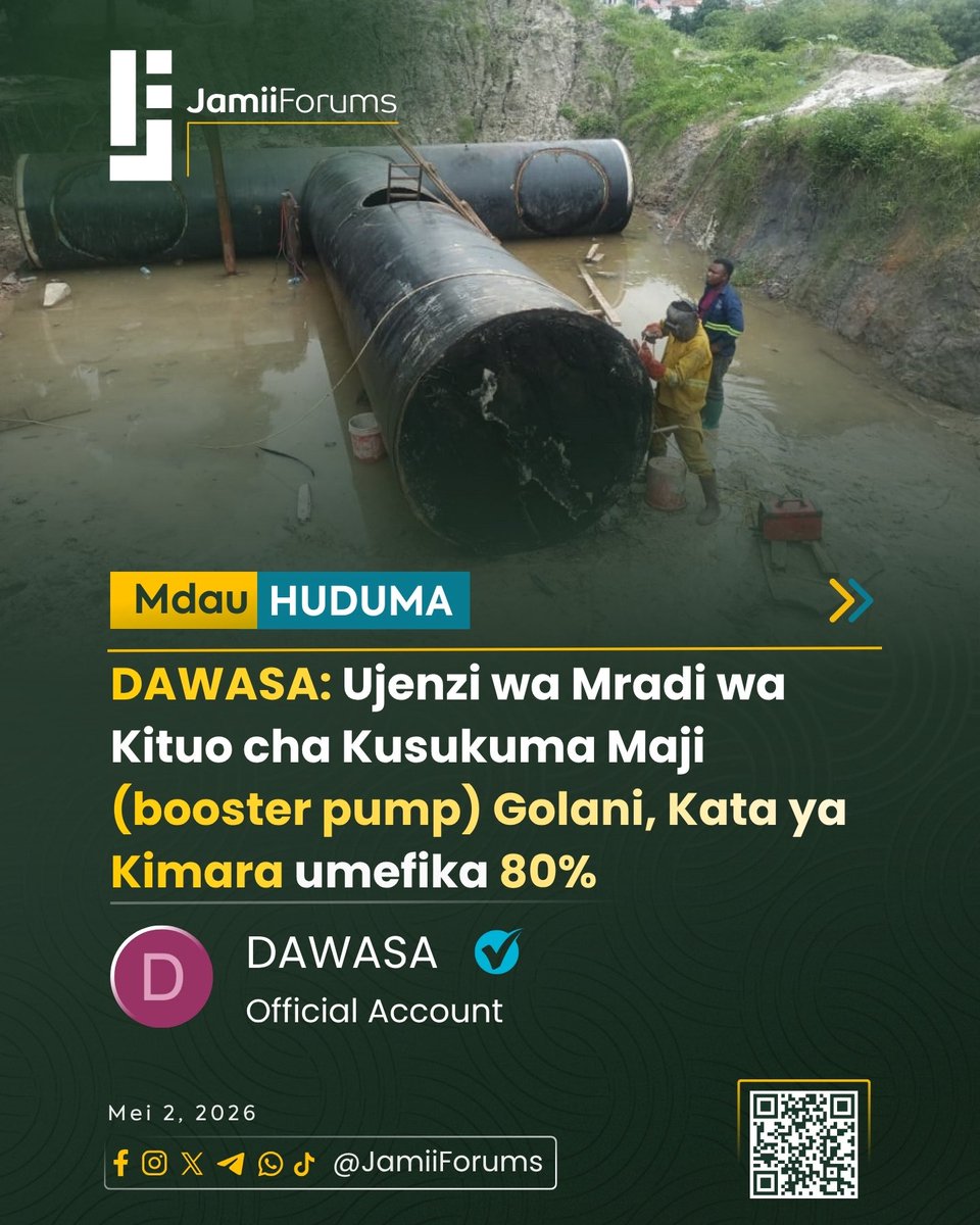JamiiForums's tweet photo. DAR: Walichopost Mamlaka ya Majisafi na Usafi wa Mazingira Dar es Salaam (#DAWASA) kupitia akaunti yao ndani ya https://t.co/dDd21Ugmlv kuhusu ujenzi wa Kituo cha kusukuma maji ambao wameeleza ukikamilika utahudumia Wakazi takriban 5,000 wa Golani, Ukombozi na Saranga, Kata ya Kimara, Wilaya ya Ubungo.
Ikumbukwe kuwa mara kadhaa Wadau mbalimbali wa https://t.co/dDd21Ugmlv wamekuwa wakiwasilisha maandiko wakieleza kuna changamoto ya upatikanaji wa huduma ya maji maeneo mbalimbali ya Kimara.
Zaidi https://t.co/x38T5PxkvH
#JamiiForums #Uwajibikaji #JFHuduma