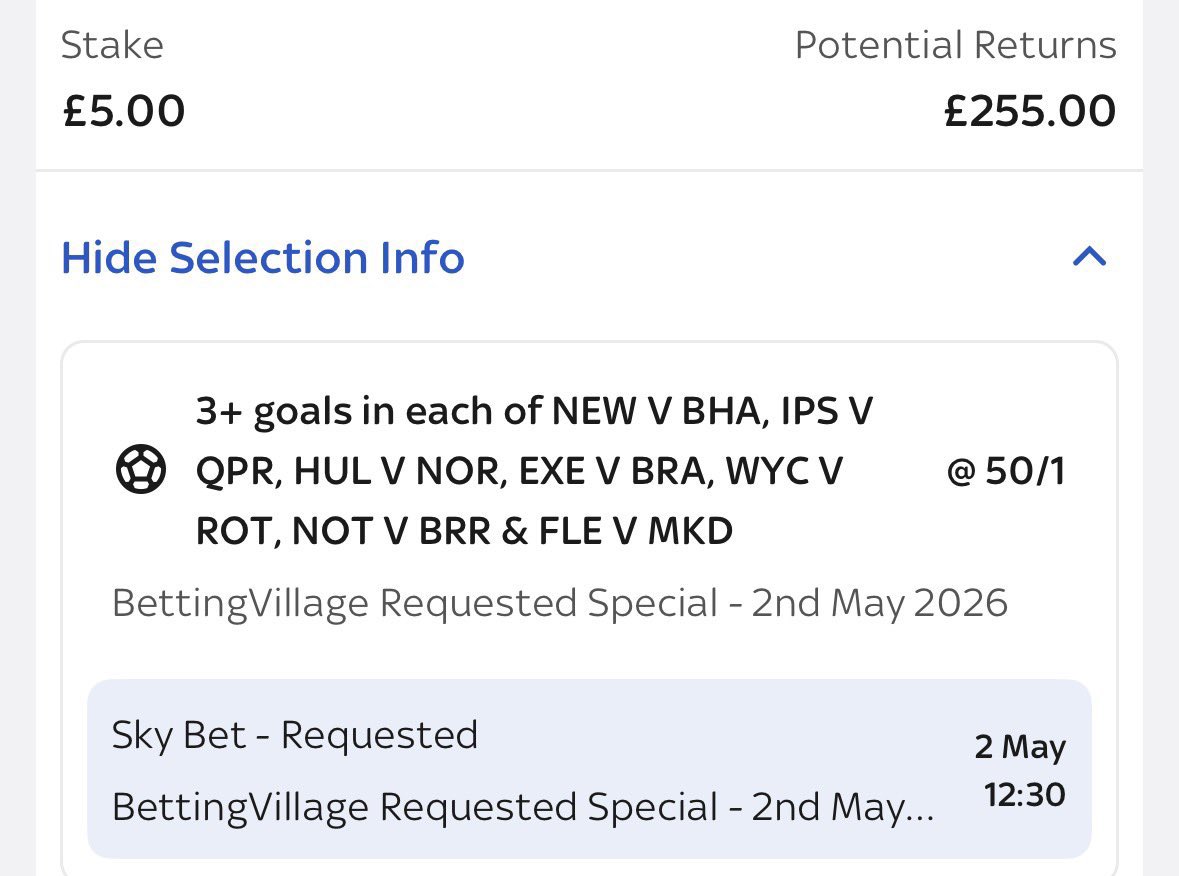 thetipsguide's tweet image. 50/1 Sky Bet Over 2.5 Goals Boost!

Load to slip...

Here 👉🏼 bit.ly/4d3AOU1

⚽️ Newc v Brighton
⚽️ Ipswich v QPR
⚽️ Hull v Norwich
⚽️ Exeter v Bradford
⚽️ Wycombe v Rotherham
⚽️ Notts County v Bristol Rov
⚽️ Fleetwood v MK Dons

18+ gambleaware.org #AD T&amp;amp;Cs apply
