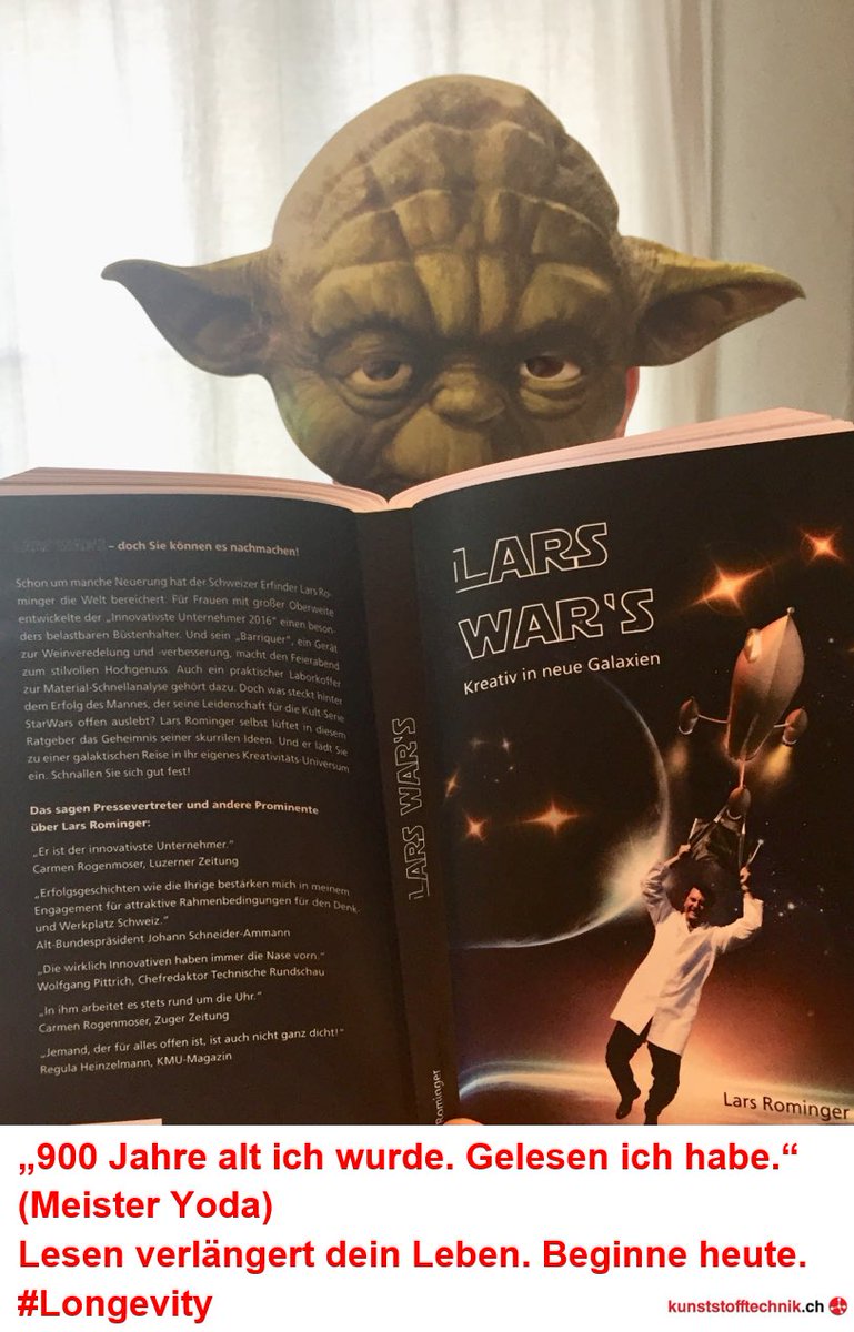 Lars_Rominger's tweet image. #Longevity
„900 Jahre alt ich wurde. Gelesen ich habe.“ (Meister Yoda)
Lesen verlängert dein Leben. Beginne heute.
Eine Studie der Yale University zeigt, dass Menschen, die regelmässig Bücher lesen, im Durchschnitt länger leben als Nichtleser. 
Mehr Infos:
kunststofftechnik.ch/8378-2/