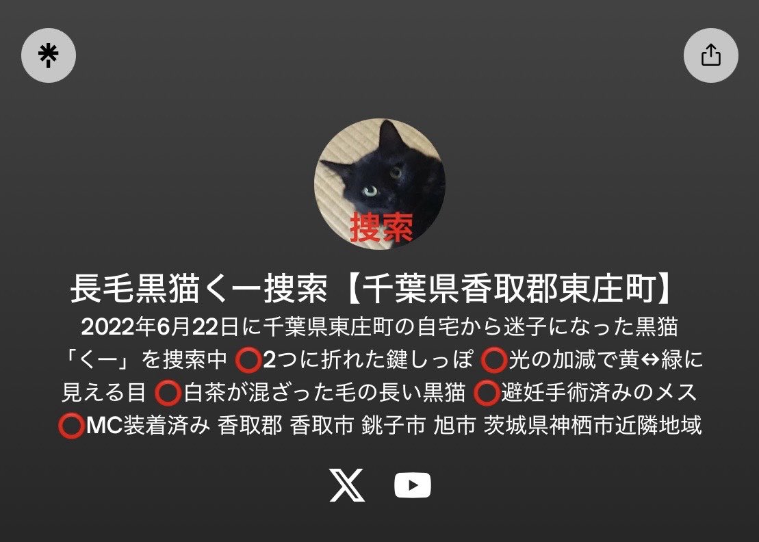 【千葉県東庄町で４年前の6月から黒猫♀を探してます】
捜索のためのリンク集を作成しました
こちらのURLから宜しくお願いいたします🙇
↓
linktr.ee/maigo.nekokuu

#東庄町 
香取郡 香取市 旭市 銚子市 神栖市近隣

⭕️2つ折れ鍵しっぽ
⭕️光の加減で黄↔︎緑に見える目
⭕️白茶混じりの長毛。避妊済