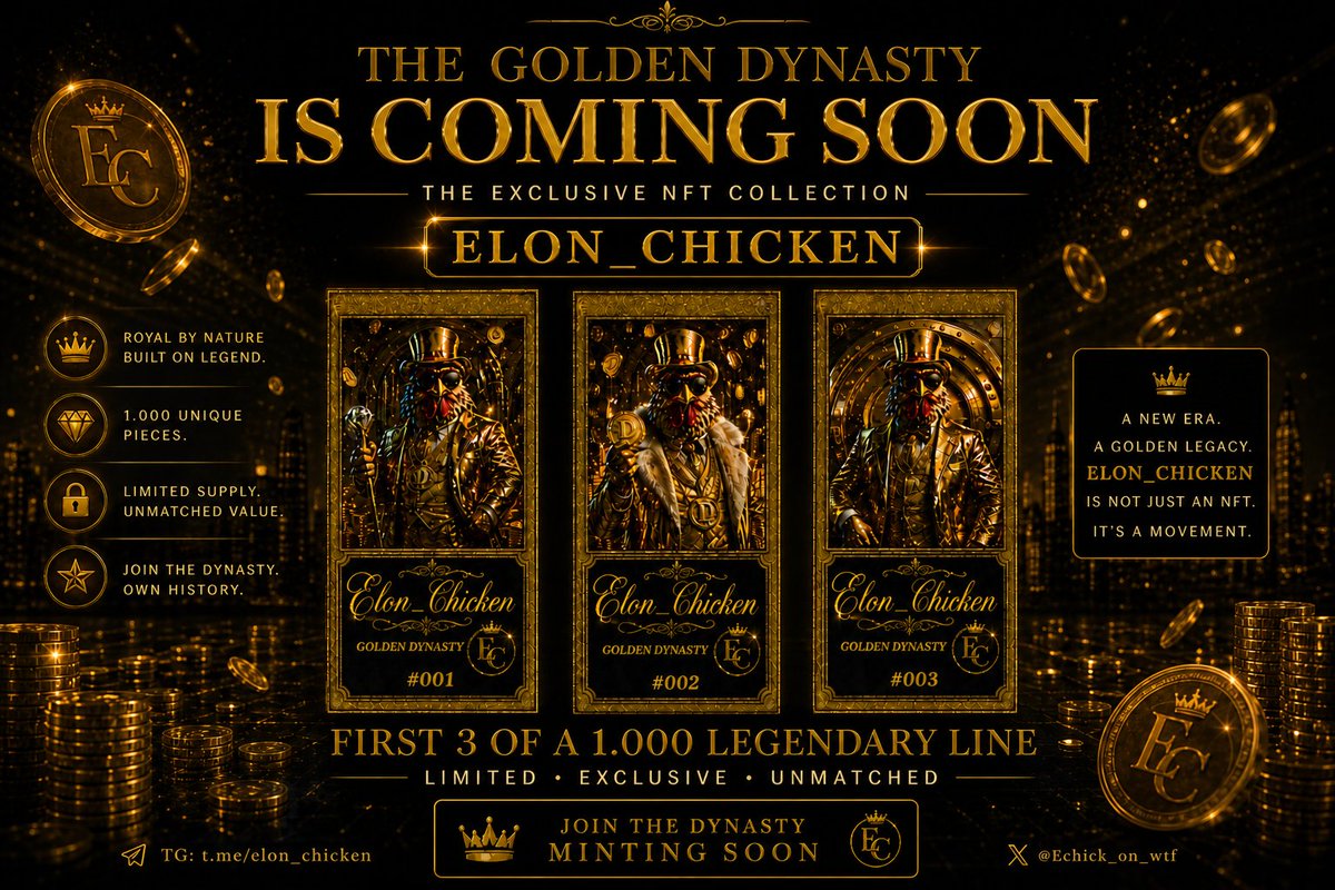 Chicken_Gorge's tweet photo. 👑The Golden Dynasty begins.👑

Only 1,000 will ever exist. 

First drop: 100–200 for early holders.  

New series will follow. 
This is just the start.

@Echick_on_wtf 

TG: https://t.co/4YJ7NAWWhS

#NFT #Web3 #Crypto #MintSoon #NFTDrop #100x #1000x https://t.co/TIcOFd619l