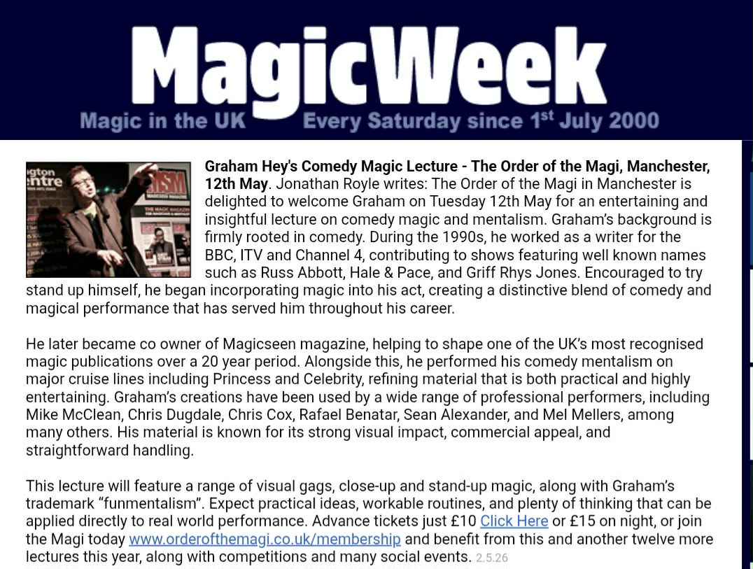 roylehypnotist's tweet image. GRAHAM HEY'S COMEDY MAGIC &amp;amp; MENTALISM 

Lecture at Manchester Magic Club Order of the Magi

Tuesday 12th May

Free Entry for members orderofthemagi.co.uk/membership

Or buy a 1 night ticket in advance for £10 - ticketsource.com/order-of-the-m…

#GrahamHey #Magic #Magician #Comedy #Comedian #RT