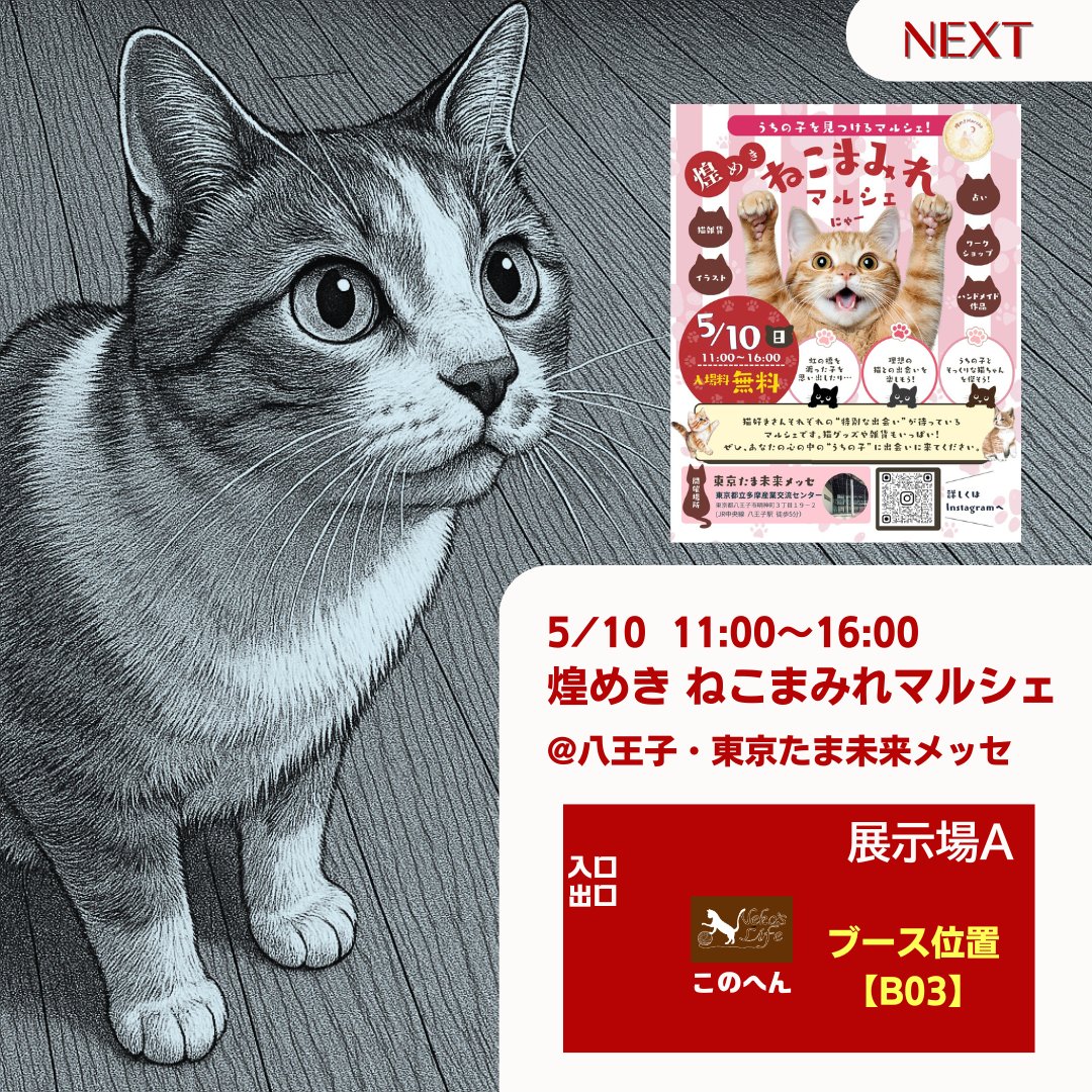 来週の日曜日、5/10は「煌めき ねこまみれマルシェ」に出展します