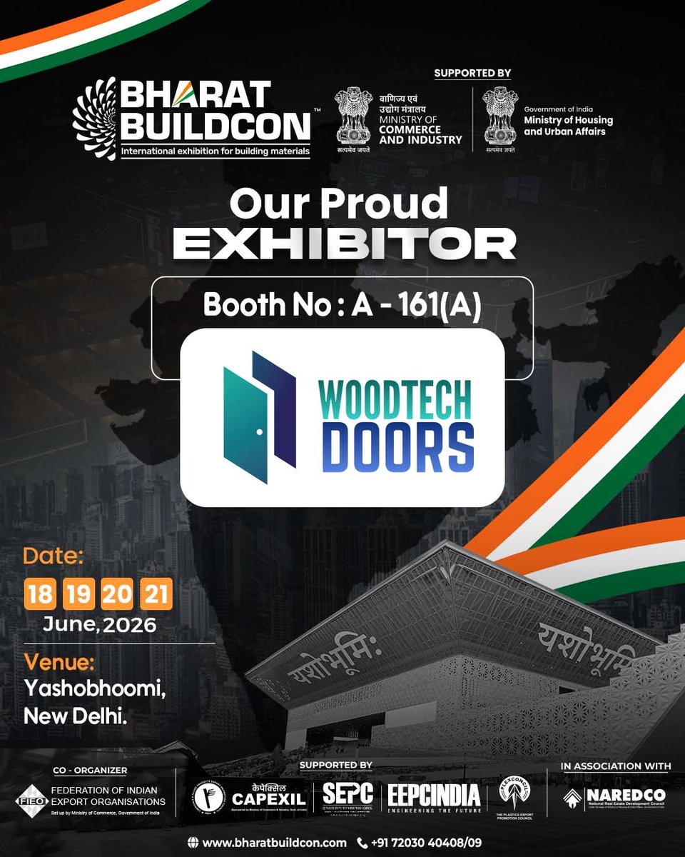 Bharat_Buildcon's tweet image. We are proud to welcome Woodtech Doors as an exhibitor at Bharat Buildcon 2026! 

Visit Booth A-161(A) to explore premium door solutions combining durability, design, and innovation.
.
.
#bharatbuildcon #expo #exhibition