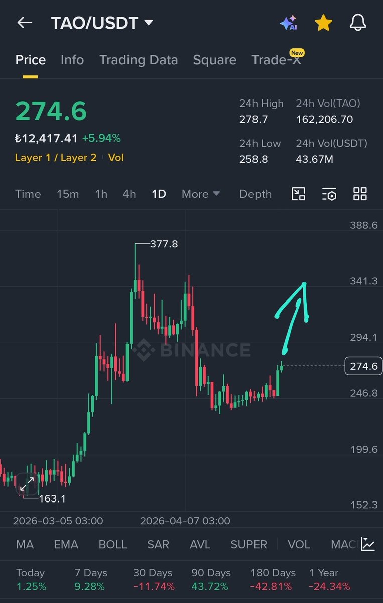 CryptoFeras's tweet image. $TAO
$250 to $275 is a solid start 👊
$300+ is next 📸

Send it 🔥
#Tao #trading