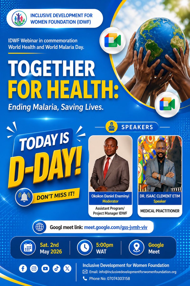 idwf_org's tweet image. 🚨 It’s Today! Be there.

Join us as we tackle malaria and share life-saving insights.
🕔 5PM WAT | Google Meet 💙

#IDWF #EndMalaria #SaveLives #HealthForAll #ActNow