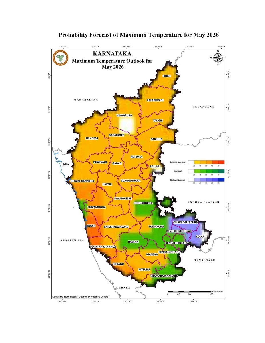 KarnatakaSNDMC's tweet image. 🌡️🌧️ #Karnataka #Weather #Outlook–May 2026

🔥 Above-normal day &amp;amp; night temperatures likely across most parts of the state, except a few parts of southeast interior Karnataka.
🌡️ #Heatwave (2–3 days) possible in parts of NIK (Belagavi, Bagalkote, Vijayapura).