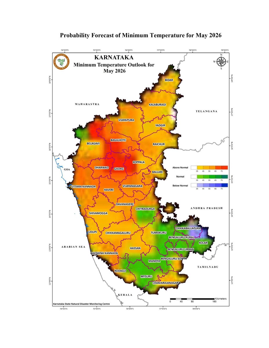 KarnatakaSNDMC's tweet image. 🌡️🌧️ #Karnataka #Weather #Outlook–May 2026

🔥 Above-normal day &amp;amp; night temperatures likely across most parts of the state, except a few parts of southeast interior Karnataka.
🌡️ #Heatwave (2–3 days) possible in parts of NIK (Belagavi, Bagalkote, Vijayapura).