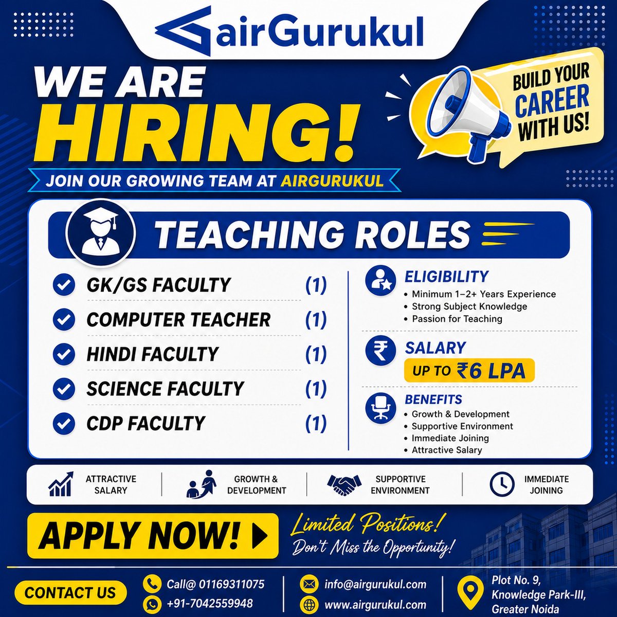airGurukul's tweet image. We Are Hiring Teaching Faculty | airGurukul Greater Noida
📞 Contact Now: 01169311075 | +91-7042559948
🌐 airgurukul.com
📍 Greater Noida
#wearehiring #teachingjobs #facultyjobs #airgurukul #jobsingreaternoida #educationjobs #applynow #jobopportunity #careergrowth