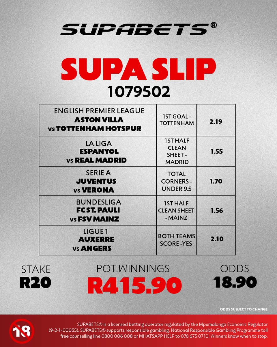 Supabets_mzansi's tweet photo. 🔥SUPA SUNDAY😎
STRICTLY FOOTBALL! ⚽️
👉 1️⃣0️⃣7️⃣9️⃣5️⃣0️⃣2️⃣ ✅
👉 https://t.co/YdjVyAweyv ✅
#SupaSunday #supaslip #Supabets
18+ | Bet Responsibly https://t.co/COCp1hojmQ