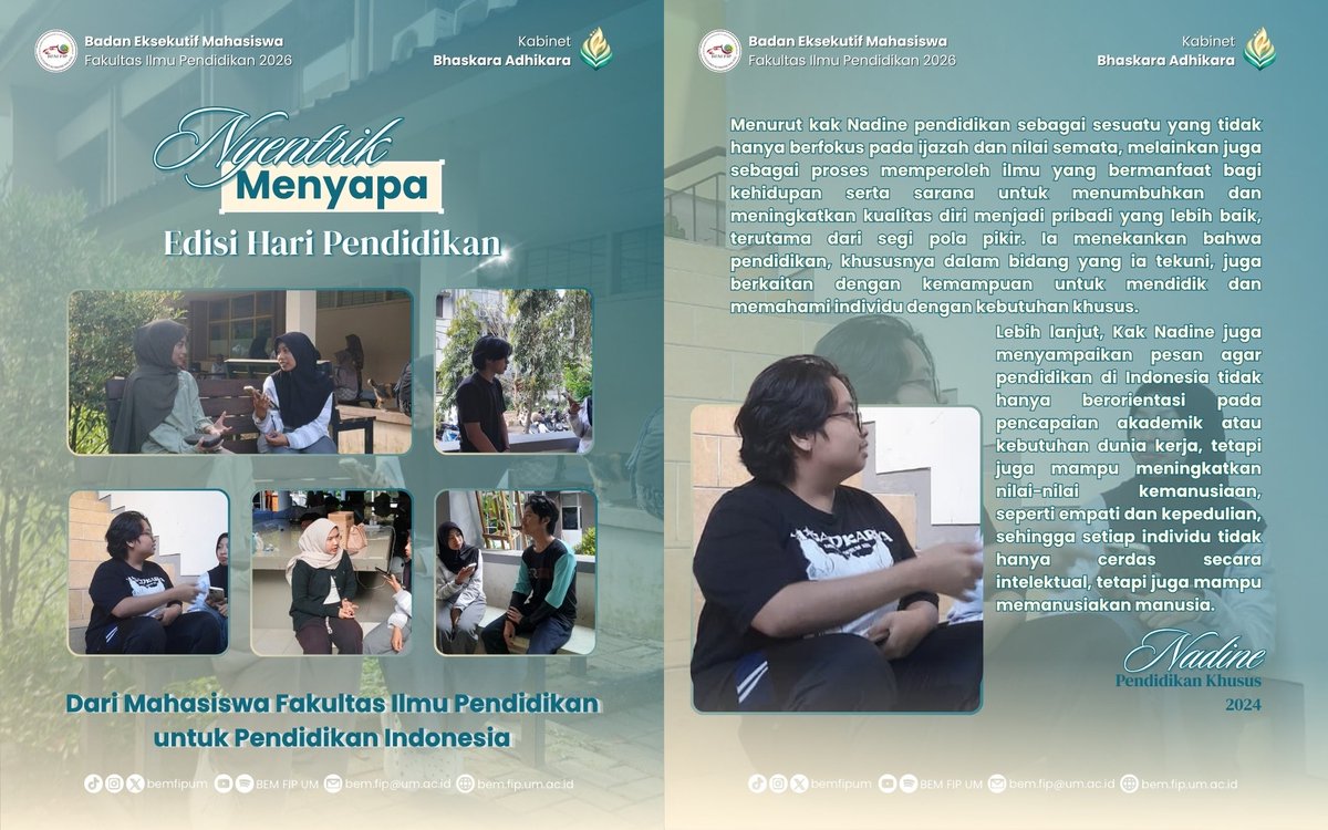 bemfipum's tweet photo. Nyentrik Menyapa 👋🏻🎙️

Edisi Hari Pendidikan📚

Pendidikan itu bukan cuma nilai &amp; ijazah, tapi proses seumur hidup untuk jadi lebih baik.✨

— BEM FIP UM 2026
FIP? Nyentrik, Nyentrik, Nyentrik! https://t.co/jBcWJ5kwEw