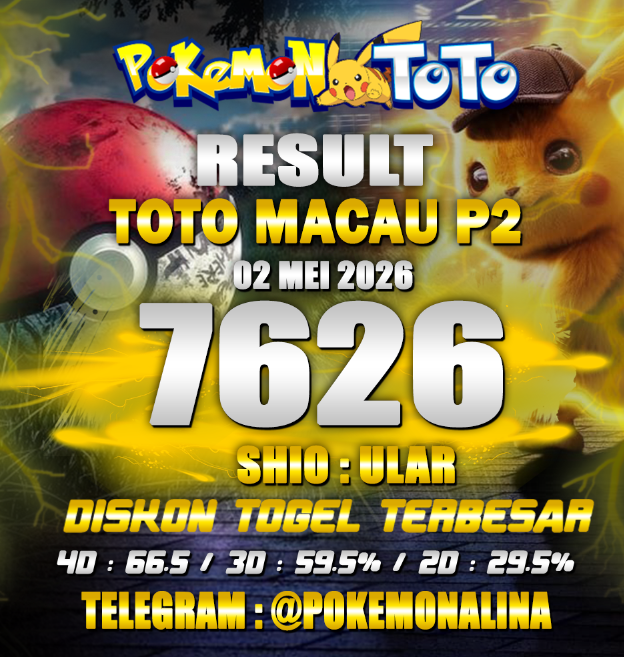 datatogelwla's tweet photo. RESULT TOTO MACAU P2
SABTU, 02 MEI 2026
Result : 7 6 2 6 
Shio     : ULAR
TELEGRAM : @Pokemonalina
#datatotomacaup3pools #totomacaup3pools #keluarantotomacaup3pools #togetotomacaup3pools #daftarpokemontoto #totomacau #TOTOMACAU4D #TOTOMACAU https://t.co/qGJuFlyPXp