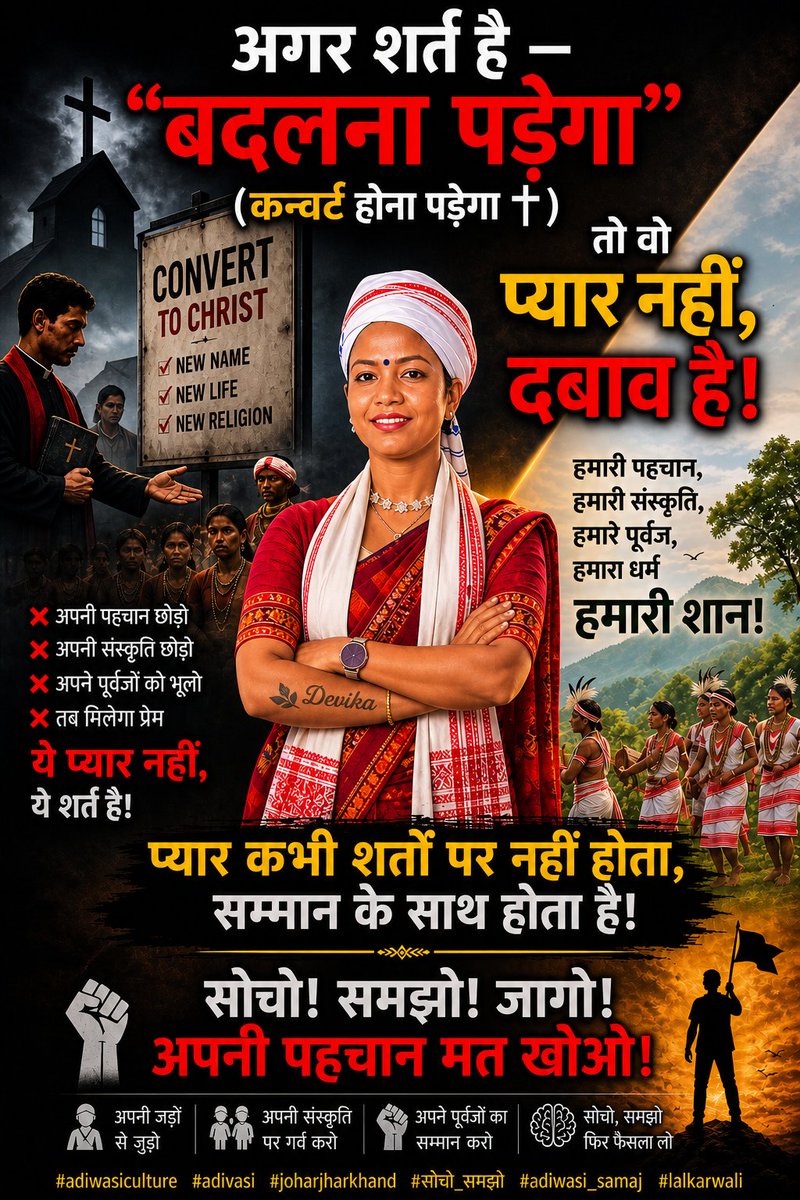 NishaGumla's tweet image. प्यार सम्मान से होता है, दबाव से नहीं...
पहचान से समझौता नहीं, यही असली स्वाभिमान है,
अपनी जड़ें मत भूलो, वही तुम्हारी ताकत हैं..!!🌿
#Delisting #Converted #Christian #jharkhand