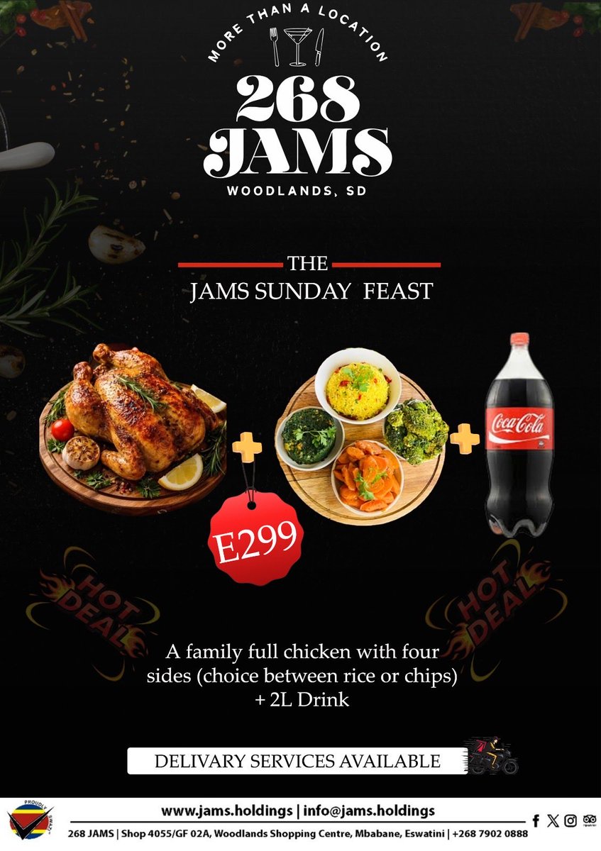 268Jams's tweet photo. Bring the family together this Sunday 🍽️🍗

Enjoy a Full Chicken with 4 sides — choose between chips or rice plus a 2L drink.
The perfect family feast, every Sunday at 268 JAMS.

#finedining 
#familytime 
#fullchicken https://t.co/2OAqMq7pf8
