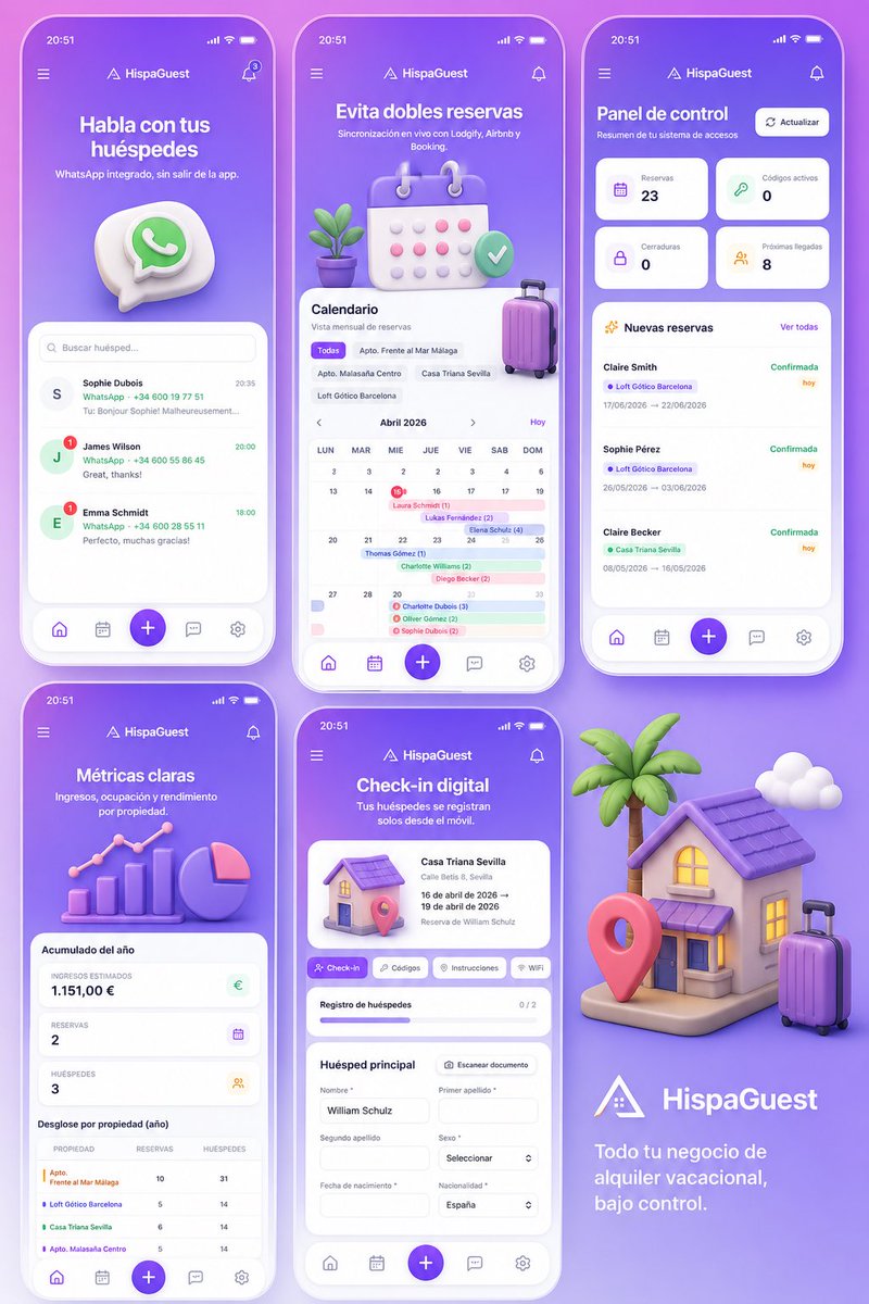 migue's tweet photo. Me alegra anunciar que he creado una app que va solucionar muchos problemas a quienes tienen distintas viviendas turísticas en Airbnb o Booking 

Si pierdes tiempo con reservas, mensajes, check-ins… esto es para ti.

Todo en una sola app:

🧩 PMS directo o conexión con tu plataforma (Lodgify, Smoobu…)
📅 Calendario sincronizado
💬 Mensajes centralizados (bandeja + WhatsApp Business)
🔑 Cerraduras automáticas (Nuki, TTLock…)
🪪 Check-in automático (conexión SES Hospedajes)
📊 Métricas en tiempo real

Se llama HispaGuest 👇