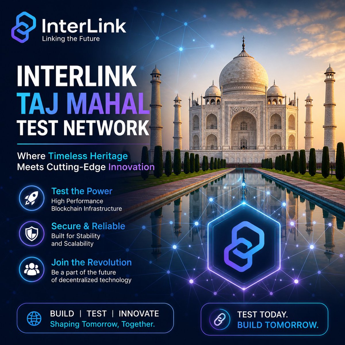 RatnaSupri2015's tweet image. Writing
🚀 Experience the future with InterLink’s Taj Mahal Test Network! 🌐✨
A symbol of innovation meets timeless inspiration 🏛️💡
Join the revolution, test the power, and shape tomorrow’s blockchain today! 🔗🔥
#InterLink #ITLX #ITLG #ITL