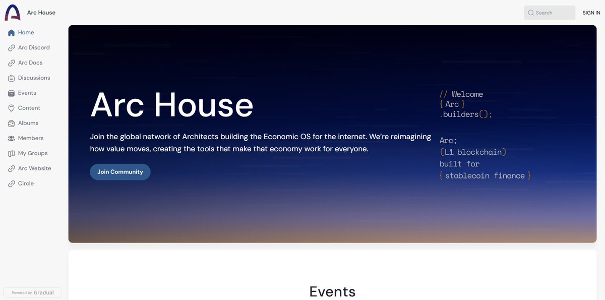 Si estás usando la L1 de Circle, regístrate en la Arc House

Lo primero que tienes que hacer es crearte un perfil en la comunidad con tu correo, te llega un email de verificación y confirmas:

🔗 community.arc.network

Una vez dentro, vinculas tu perfil a las diferentes redes