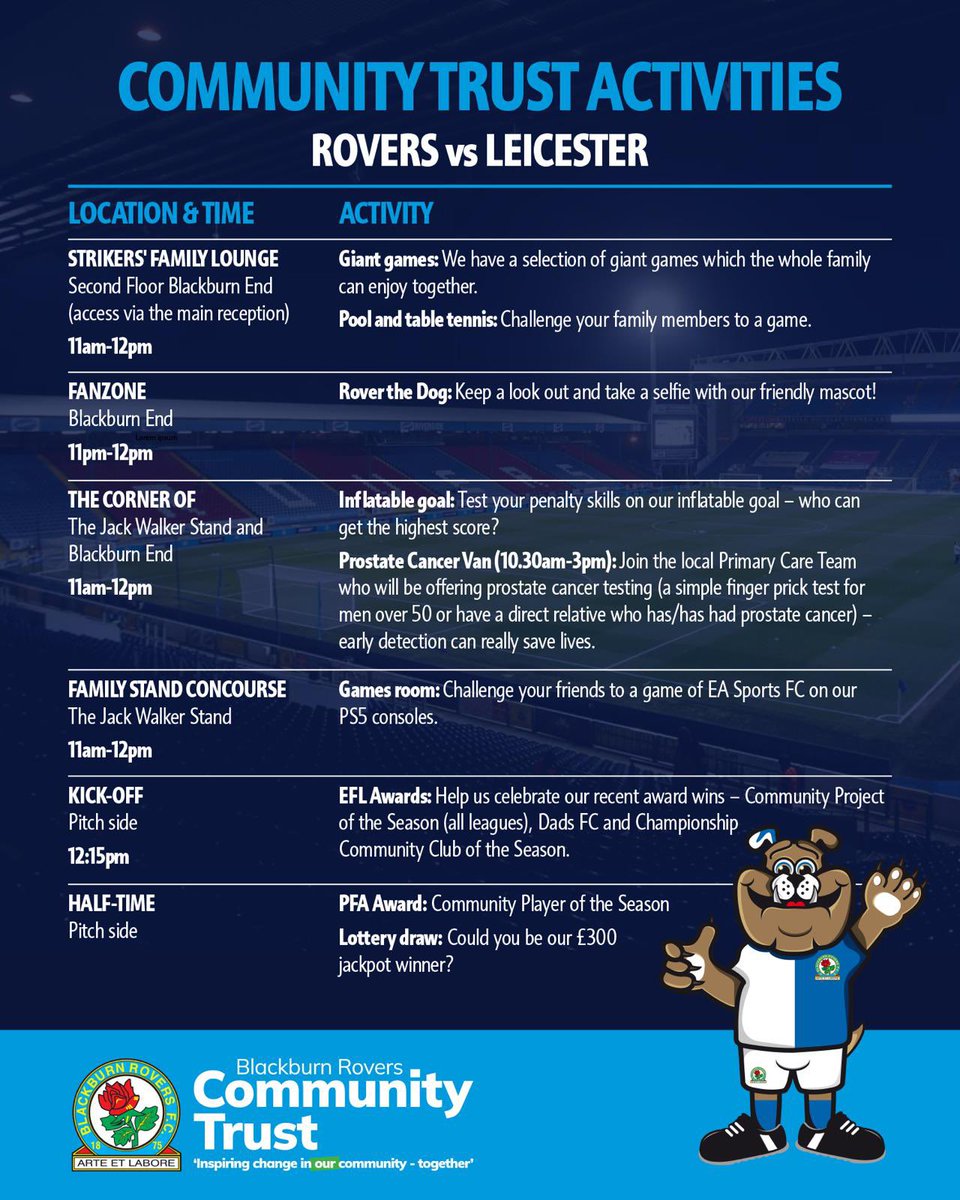 BRFCTrust's tweet photo. 👀Check out what fan engagement activities the Community Trust has to offer at today’s match. 

Thank you for you support over the season, and we look forward to seeing you next season. 💙🤍

@Rovers_Matchday | @EFL_Community | @Rovers  |#BRCTMatchday https://t.co/SFMZqtozQV