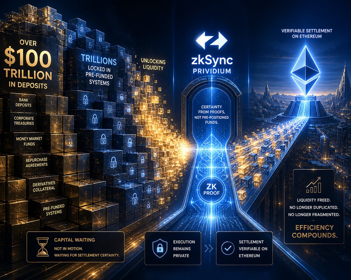 ToimurB97512's tweet photo. The size of global finance is not abstract.

Over $100 trillion in deposits.
Trillions locked in pre-funded systems.

That capital is not always in motion.
It is waiting.

Waiting for settlement certainty.

With @zksync Prividium, certainty comes from proofs, not positioning funds in advance.

Execution remains private.
Settlement becomes verifiable on Ethereum.

So liquidity no longer needs to be duplicated across systems.

That is where efficiency starts to compound.