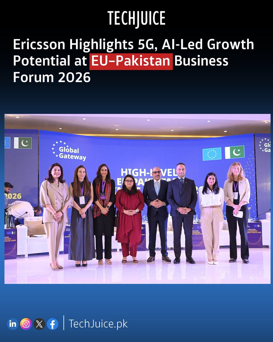TechJuicePk's tweet photo. Ericsson Highlights 5G &amp; AI Growth Potential.
At the EU–Pakistan Business Forum 2026, Ericsson emphasized how strong connectivity, 5G, and AI can drive Pakistan’s digital economy forward, as global and local leaders explored new avenues for investment and innovation.

#techjuice https://t.co/4ytPmdOEgl