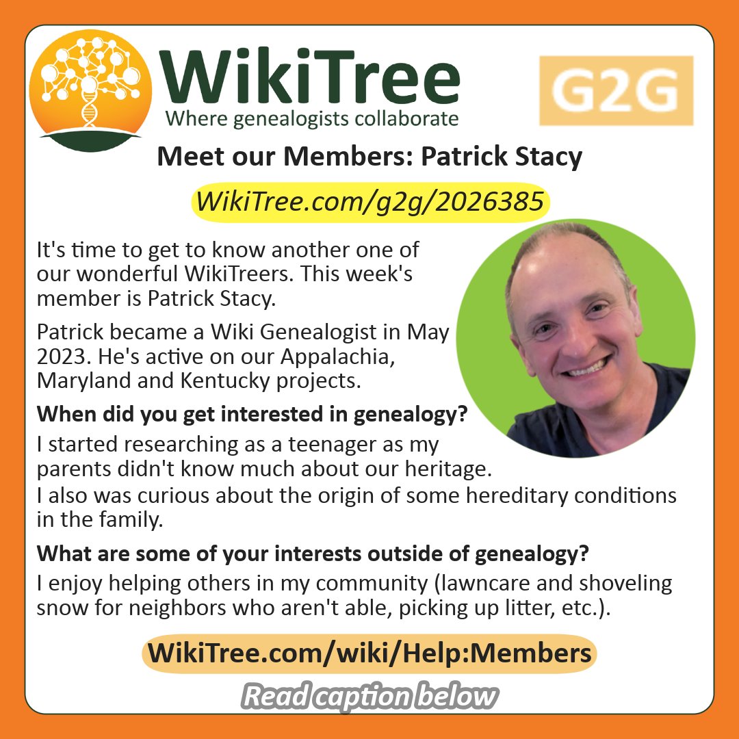 WikiTreers's tweet photo. #WikiTreeMeetOurMembers: Patrick Stacy
We're celebrating Patrick this week for his awesome contributions to our #CollaborativeGenealogy community. π
Read more about his WikiTree journey: https://t.co/AMjbYoPoOP
#WonderfulWikiTreers https://t.co/gqs09Cp2kz