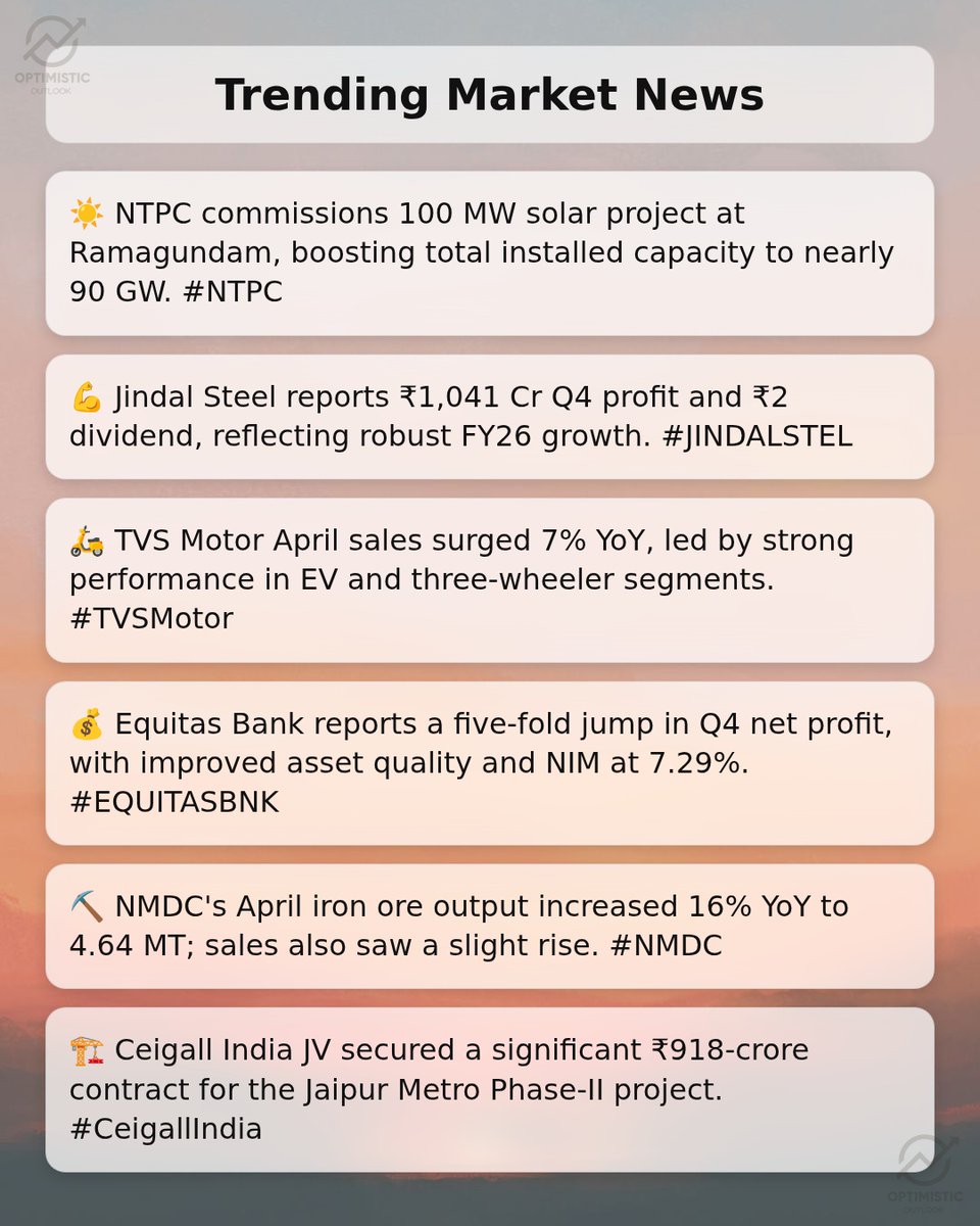optimistic_otl's tweet image. 🚨 Trending Market News at 15:00 Hrs, 02-May-2026 

 ☀️ NTPC commissions 100 MW solar project at Ramagundam, boosting total installed capacity to nearly 90 GW. #NTPC

💪 Jindal Steel reports ₹1,041 Cr Q4 profit and ₹2 dividend, reflecting robust FY26 growth. #JINDALSTEL

🛵 TVS