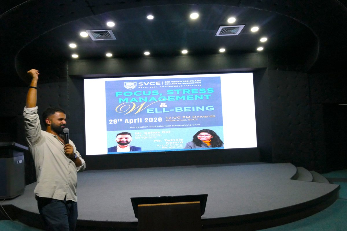 SvceBengaluru's tweet image. Rejuvenating minds &amp;amp; nurturing well-being!

Recreation &amp;amp; Informal Networking Club of SVCE Autonomous, Bengaluru, organized a session on “FOCUS – Stress Management &amp;amp; Well Being” on 29-04-2026 by experts from Art of Living
#SVCEBengaluru #WellBeing #FOCUS #Mindfulness #ArtOfLiving