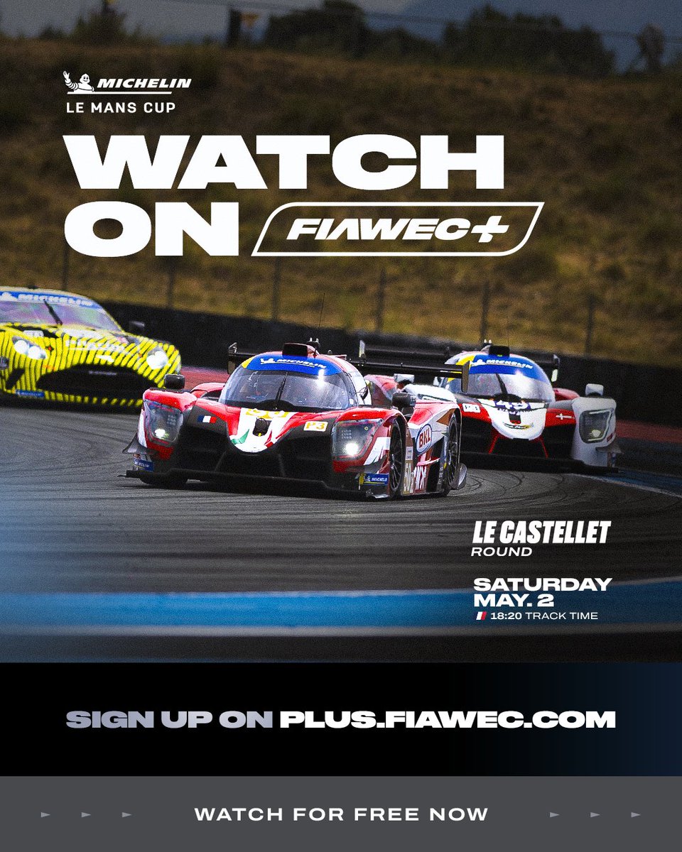 LeMansCup's tweet image. We’re about to go LIVE at Circuit Paul Ricard 📺

Join us for Qualifying on FIAWEC+ now and for the Race at 6:20 PM CEST - and the best part? You can follow all the action for FREE with a simple account.

Watch the #LeCastelletRound now 👉 bit.ly/CAS26-MLMCQual… 

#LMC #Michelin