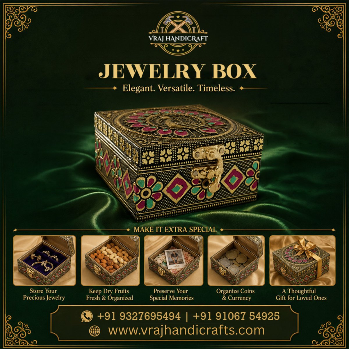 Vrajhandicrafts's tweet image. 🟢 Jewelry Box 
✨ Add elegance to your everyday storage with our premium handcrafted Jewelry Box 

📞 +91 9327695494 | +91 91067 54925 
🌐 vrajhandicrafts.com

#JewelryBox #Handicraft #LuxuryLiving #GiftIdeas #HomeDecor #IndianHandicrafts #ElegantStyle #StorageSolutions