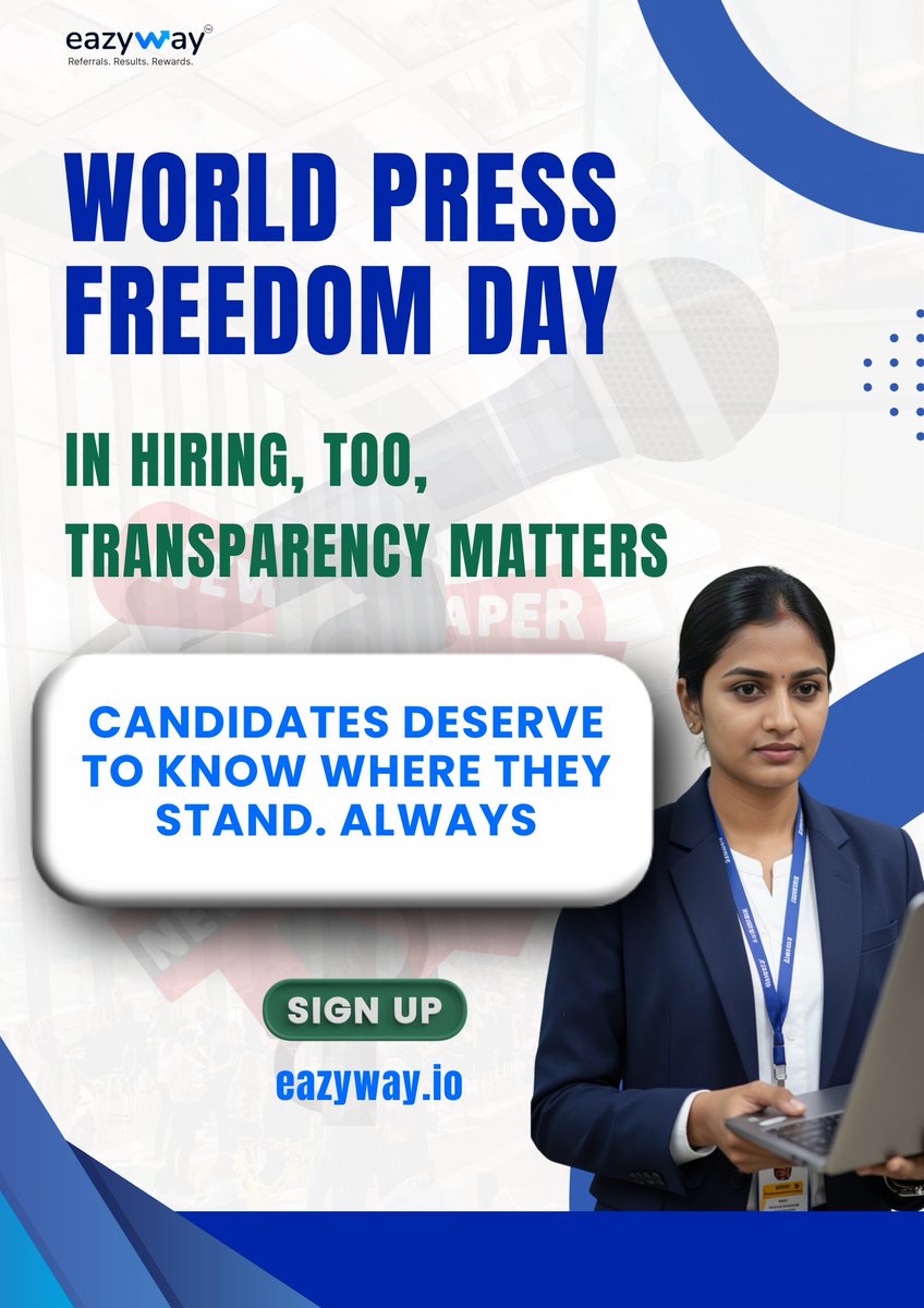 Eazywayconsul's tweet image. World Press Freedom Day is a reminder that transparency isn't just a media value,  it's a human one.

Eazyway’s referral model keeps communication human because the Job Buddy is always in the loop, too.

#WorldPressFreedomDay #Hiring #CareerAdvice #EazyWay #HiringIndia
