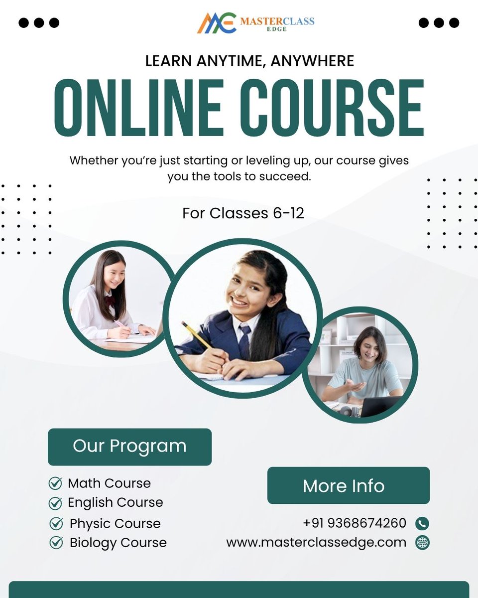 MasterClassedge's tweet image. 📚 Learn Anytime, Anywhere with MasterClass Edge!
Interactive online courses for Classes 6–12 with expert guidance, concept-based learning, and regular practice to help students excel. 🚀
📞 +91 9368674260
🌐 masterclassedge.com

#OnlineClasses #MasterClassEdge #StudySmart