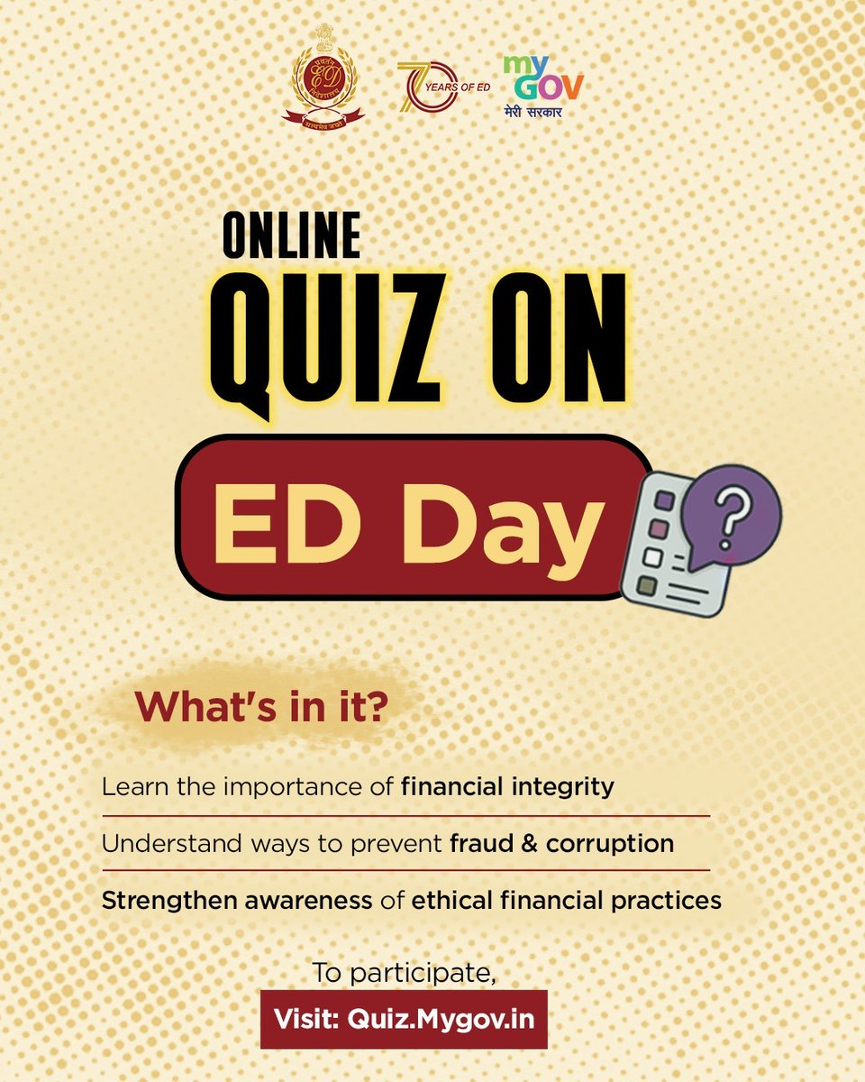 mygovindia's tweet photo. Upholding integrity and compliance in India’s financial landscape.
Evaluate your knowledge of regulatory frameworks, enforcement processes, and anti-money laundering measures with the Online Quiz on ED Day.
🔗https://t.co/k41vfqU3rQ
#EDDay
#70YearsOfED
@dir_ed @FinMinIndia https://t.co/Z4Nla9ipnE