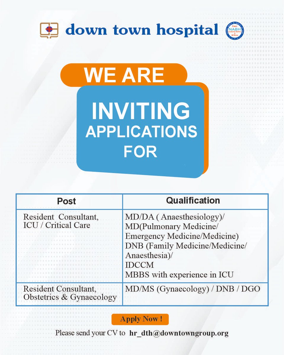 downtownhosp's tweet image. Join down town hospital!

Hiring:
• Resident Consultant – ICU / Critical Care
• Resident Consultant – Obstetrics &amp;amp; Gynaecology
Eligible: MD/DA/DNB/IDCCM or MBBS with ICU experience (as applicable)
📩 Send CV: hr_dth@downtowngroup.org
📍 Guwahati

#WeAreHiring #ICUJobs