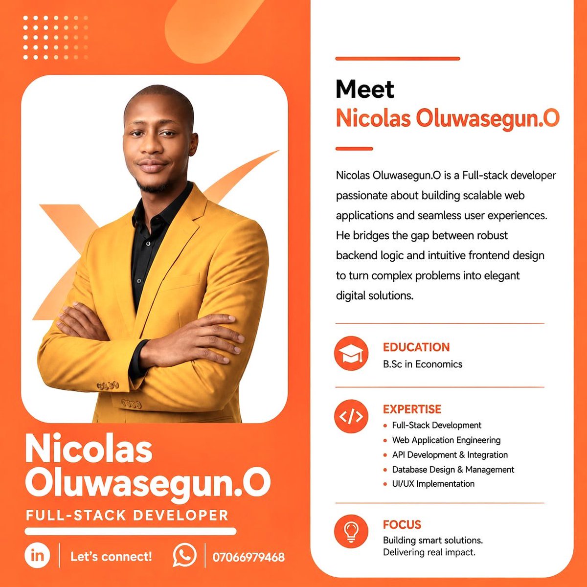 xavetech1's tweet photo. Meet Nicolas Oluwasegun O…. Xave Tech’s Full-Stack Developer 🫴🏾🧡🔥 https://t.co/L1ixyISnNJ