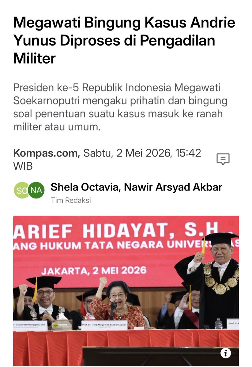 Bahkan Bu Megawati pun bingung.
Beliau mempertanyakan kenapa kasus penyerangan aktivis sipil Andrie Yunus diseret ke Pengadilan Militer. Ini bukan soal teknis, ini soal Supremasi Sipil yang sedang dipertaruhkan

​Logikanya sederhana: korbannya warga sipil, lokasinya di ruang