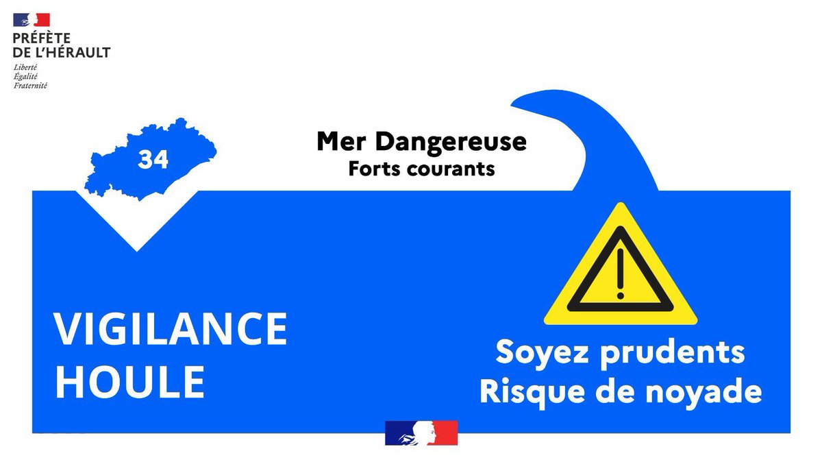 Image de Préfète de l'Hérault - ⚠️ Vigilance vagues dangereuses dans l'#Hérault

🌊 De fortes vagues pouvant atteindre jusqu'à 1,5 m