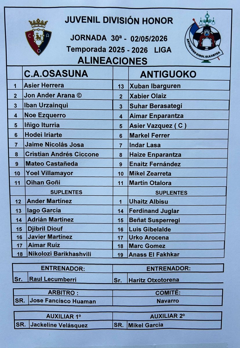 Tercera365_G15's tweet image. 🪧 ALINEACIONES:

⚽️ @Osasuna_Tajonar vs @Antiguoko 

⏰ S12.00h

🏟️ Instalaciones de Tajonar

🏆 #DivisiónDeHonor #DH #Juvenil G.II, J.30