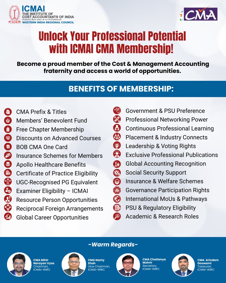 icmaiwirc's tweet photo. Unlock your potential with ICMAI CMA Membership!Global recognition, career growth &amp; powerful networking—step into leadership with CMA. 🌏📈#icmai #cmaindia #cmaprofession #leadership #careergrowth https://t.co/biHm6XTCEa