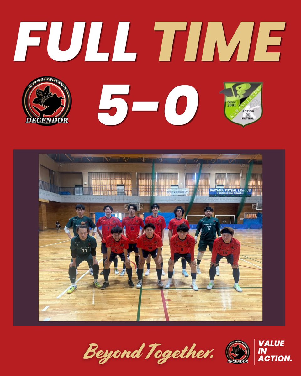Decendor2136's tweet photo. ⚫️ 京橋アートレジデンス 埼玉県フットサルリーグ1部第2節 🔴
📅5月2日（土）
⏱15:30KO
🆚烏天狗
🏟宮代町総合体育館

得点
5 宗澤麟太郎
2 斎藤優成
15吉田翔×2
4 岡田大樹

試合終了
5-0 https://t.co/59ZNdJqijK