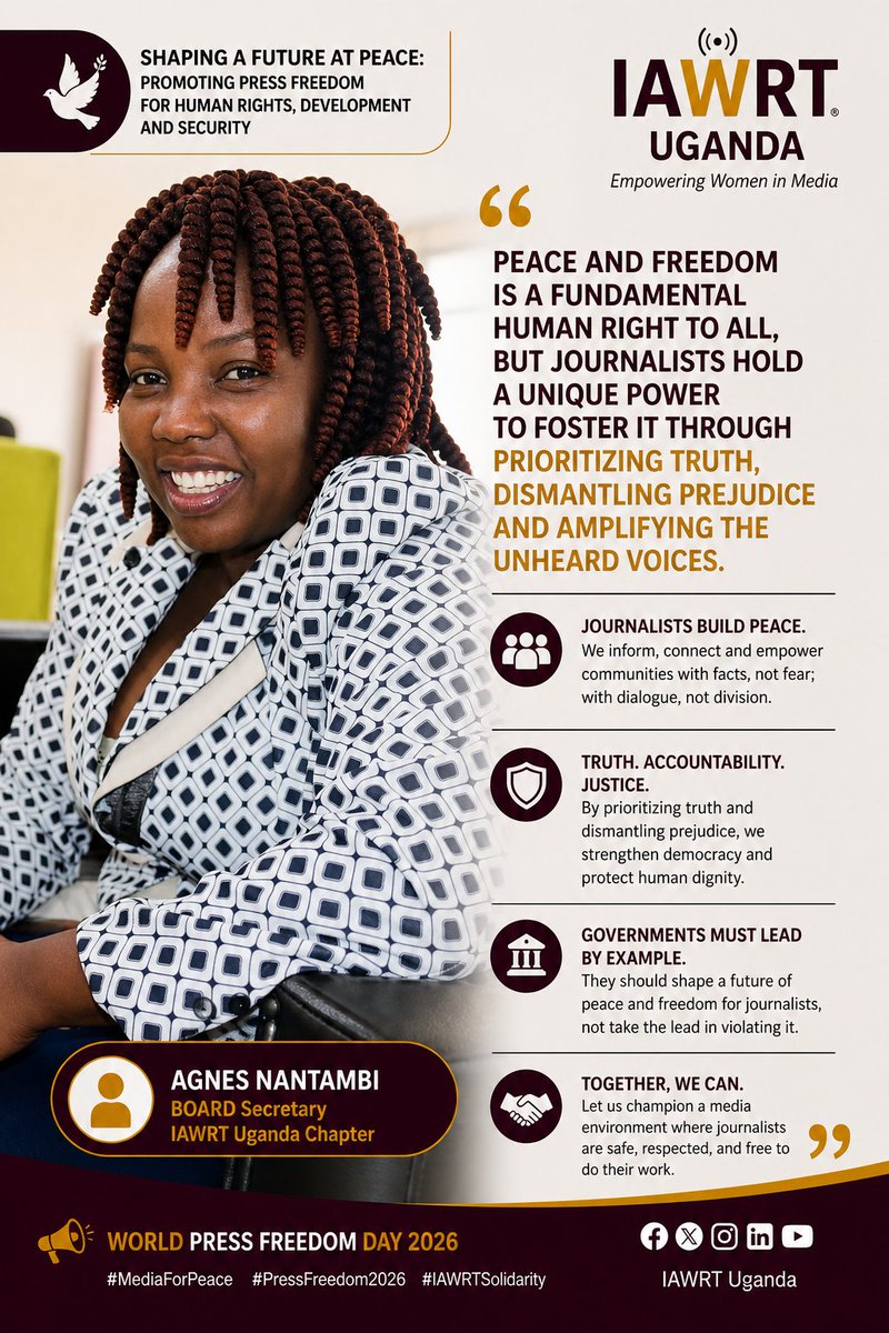 iawrt_ug's tweet photo. Agnes Nantambi, Board Secretary, IAWRT Uganda, highlights journalism’s role in advancing peace and freedom.
Protect journalists. Uphold truth. Let every voice be heard.
#MediaForPeace #PressFreedom #IAWRTSolidarity https://t.co/A3l5AIvhOd