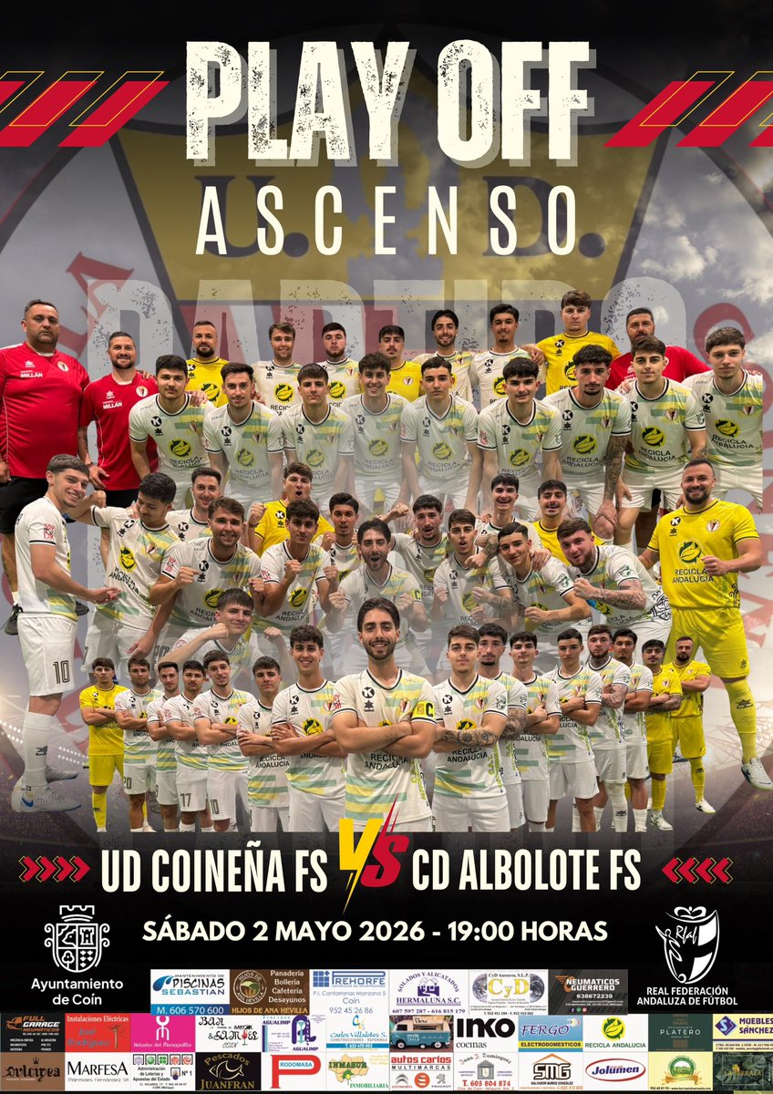 udcoinfs's tweet photo. MATCH DAY PLAY OFF🔛‼️

Ven a apoyarnos en el partido más importante de la temporada.

🗓️ Sábado 2 de Mayo
🆚 @albolote_futsal 
⏰ 19:00 Horas
🏟️ Municipal de Coín
📺 UD Coineña YouTube / RFAF TV
🎟️ Gratis para menores de edad y socios

TODOS JUNTOS A POR EL SUEÑO AFICIÓN🤞🏻💛🖤⚽️ https://t.co/MRzu5n0ULr