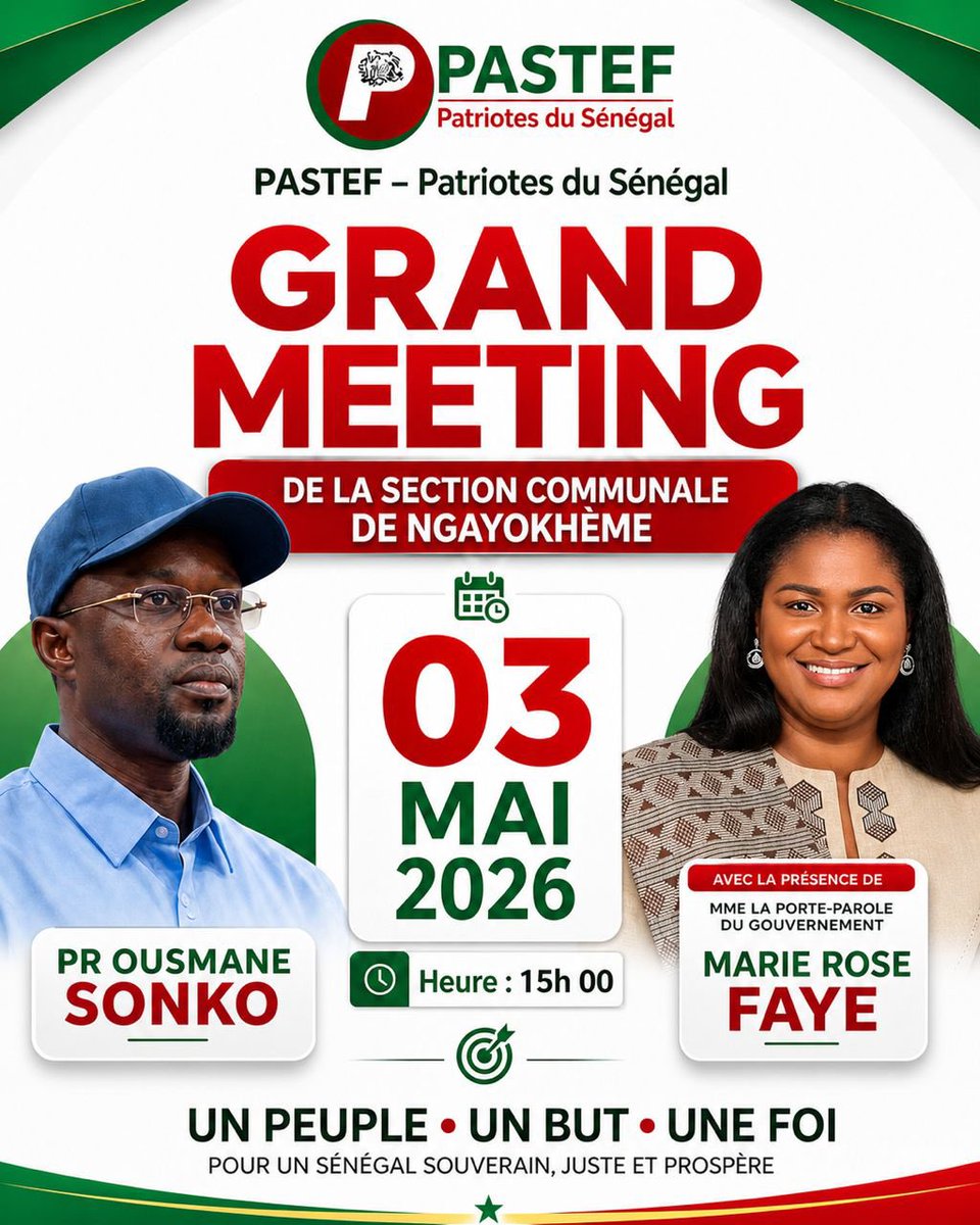 MarieMRKFF's tweet photo. 𝐃𝐢𝐦𝐚𝐧𝐜𝐡𝐞 𝟎𝟑 𝐌𝐚𝐢 𝟐𝟎𝟐𝟔 𝐑𝐞𝐭𝐨𝐮𝐫 𝐚̀ 𝐅𝐚𝐭𝐢𝐜𝐤
Grand Meeting de la section communale de PASTEF Ngayokhème à Toucar. https://t.co/bmLugxMMrz