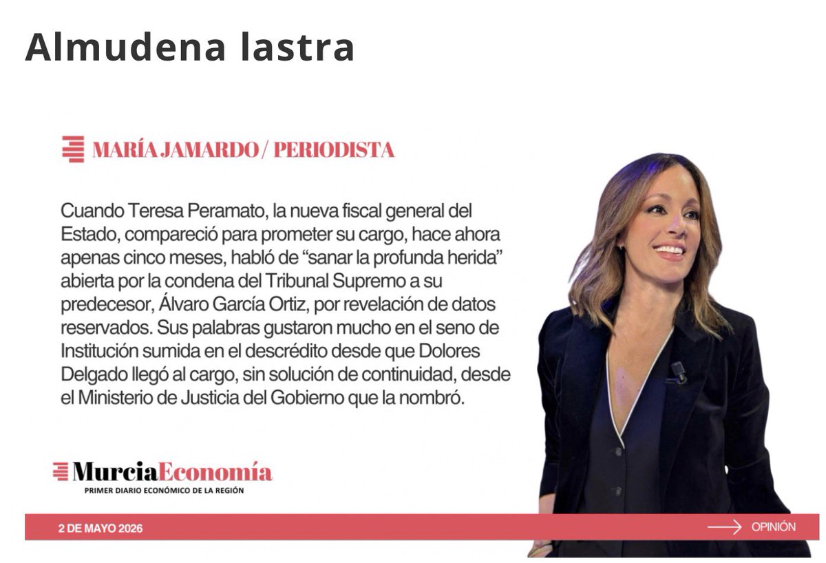 AGBAbogado's tweet image. 🔴🔴#Articulo #Opinion #FGE #Peramato #AlmudenaLastra

Cuando el gesto del cambio quedó exclusivamente acreditado en la línea continuista de su predecesor. 

Pasen, lean con sumo detenimiento y saquen sus propias conclusiones👇👇

Para más info🔗
murciaeconomia.com/art/106229/alm… ✍️