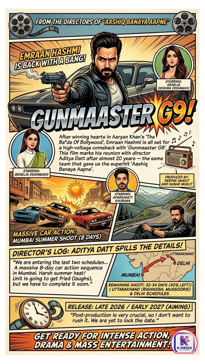 Tvmania2000's tweet photo. Emraan reunites with Aditya Datt after 20 years. Music by Himesh Reshammiya. Also starring Genelia Deshmukh &amp; Aparshakti Khurana.
Expected release: Late 2026 or early 2027.
Action loading... 💥
#GunmaasterG9 #EmraanHashmi #Bollywood #CarAction #ComingSoon #himeshreshamiya https://t.co/mHUF5DWcxF