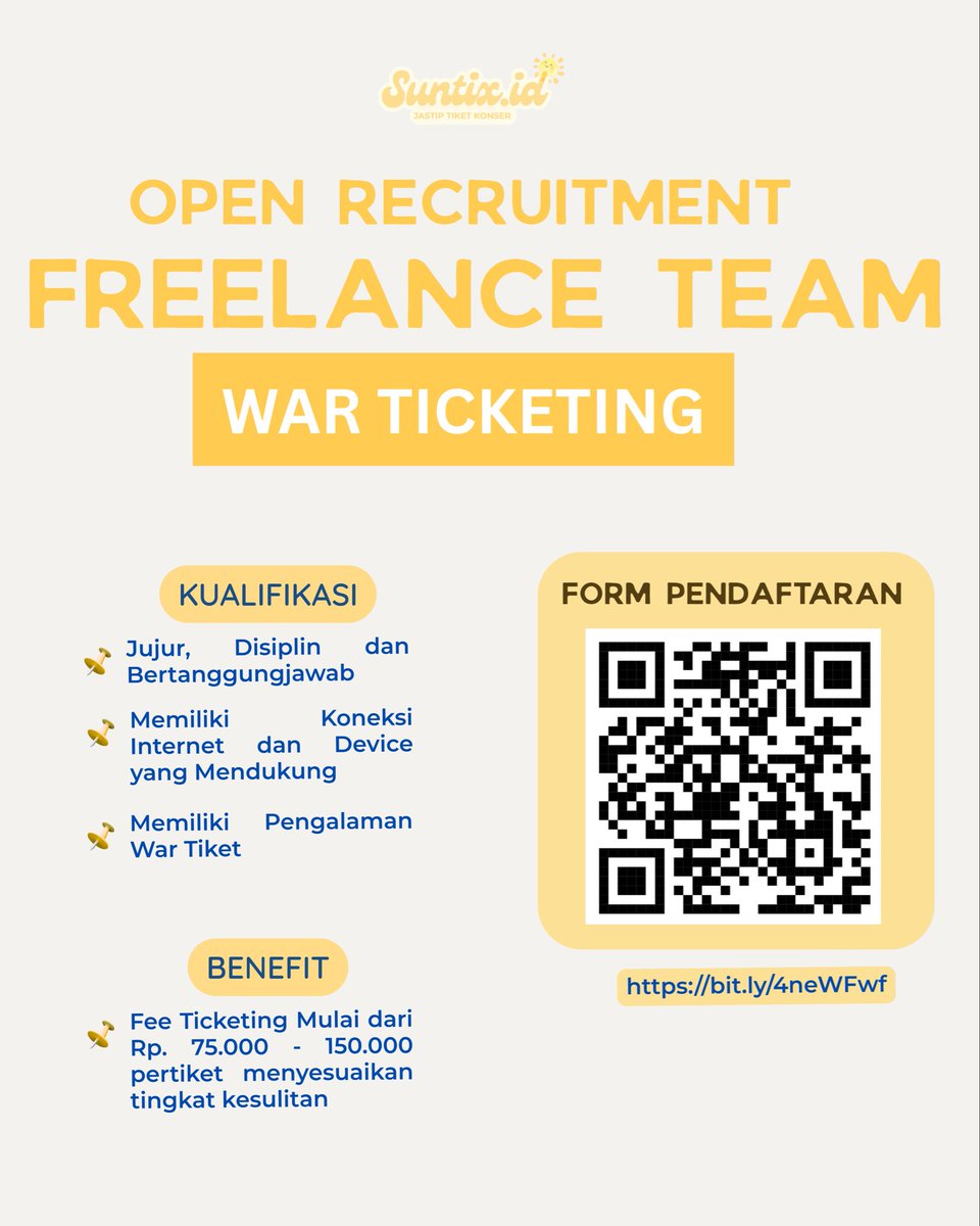lafkimingyu's tweet photo. ☀️ OPEN RECRUITMENT / HIRING TIM WAR TIKET ☀️
yang mau tambahan uang jajan, ayo gabung tim suntix 🫶🏻🫶🏻
kalau mau tanya tanya bisa langsung dm yaa
🔗yang mau join bisa langsung klik https://t.co/1wHHOTAbdG
#zonauang #freelance #timwar https://t.co/vxJgYhUuUK