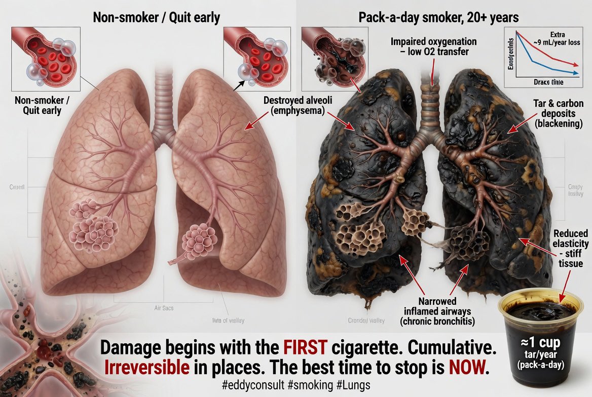 EddyConsult's tweet photo. Your lungs don’t wait for “pack-a-day veteran” status. Damage kicks in from puff #1 , like inviting tar to a house party that never ends.
✍🏿A pack a day smoker? Filters ~1 cup of sticky tar/year. Over 10-20+ years: lungs go from pink to goth black, alveoli pop like overinflated balloons (hello emphysema), oxygen delivery tanks, and breathing feels like sucking air through a straw.
✍🏿Your heart? Not thrilled & Chronic Obstructive pulmonary disease (COPD ) awaits to kick in. 
Best time to quit? Right now. Don’t let your lungs become a used ashtray. 💨🚭
(Quitting reverses a ton. Lungs are forgiving… unlike your future self wheezing up stairs.)
#QuitSmoking #LungHealth​​​​​​​​​​​​​​​​​​​​​​​​​​​​​​​​​​​​​​​​​​​​​​​​​​ #eddyconsult #COPD