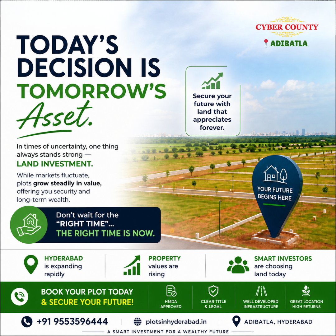 Plotinhyderabad's tweet image. Land today. Wealth tomorrow. 🏡✨

🔥 HASHTAGS

#RealEstateIndia #HyderabadPlots #LandInvestment #SmartInvestment #PlotsForSale #HyderabadRealEstate #FutureWealth #InvestmentGoals #PropertyInvestment #OpenPlots #HMDAPlots #RealEstateLife #SecureFuture #TelanganaRealEstate