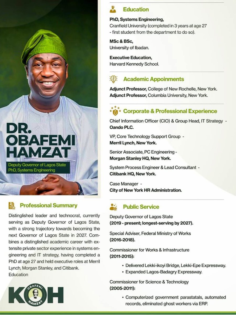 E get why Lagos dey leave every other states far behind. They always go for the best. 🚀🏙️💯

See the educational and professional qualifications of the incoming Governor of Lagos State, Dr. Kadiri Obafemi Hamzat 🎓📚✨🏆

It's HAMZAT O'CLOCK 👏💫🌟